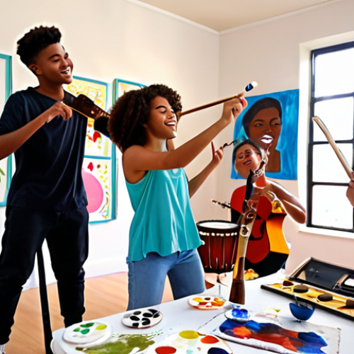 Home 13 **Creative Activities**: An artistic scene featuring diverse teenagers engaged in various creative activities like painting, dancing, and playing musical instruments. The background should reflect cultural elements, showcasing their artistic expressions and the joy of creativity.